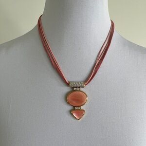 BUTLER Signed Pink Luminescent Pendant Clear Rhinestone Necklace Cord Adjustable